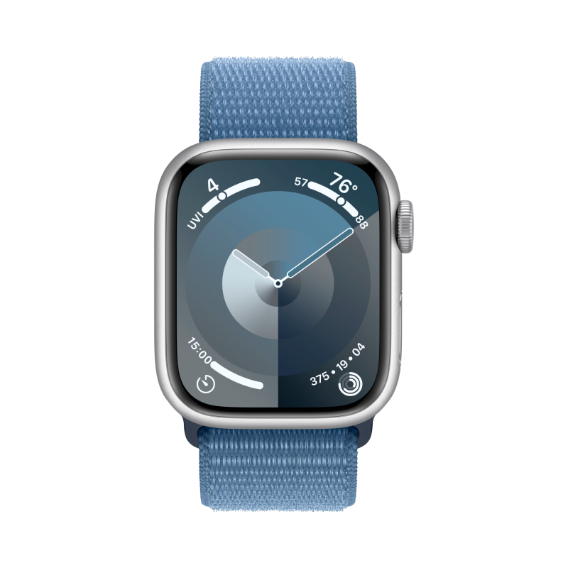 Apple Watch Series 9, 45 мм, корпус из алюминия серебристого цвета, ремешок Sport Loop цвета «ледяной синий»