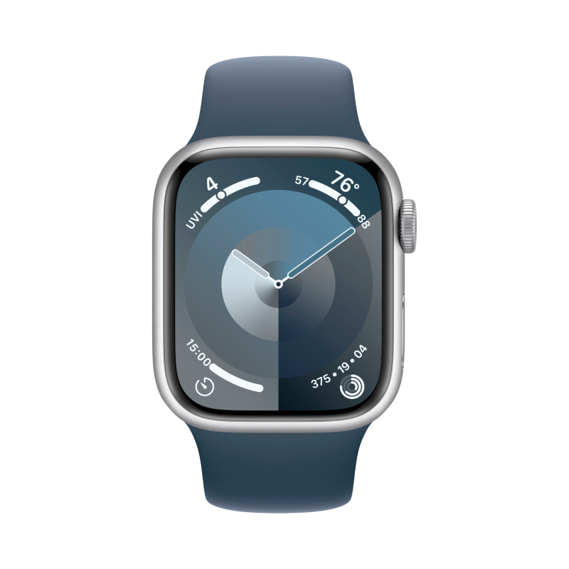 Apple Watch Series 9, 45 мм, корпус из алюминия серебристого цвета, ремешок Sport Band цвета «грозовой синий», размер S/M