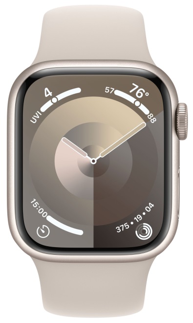 Apple Watch Series 9, 45 мм, корпус из алюминия цвета «сияющая звезда», ремешок Sport Band цвета «сияющая звезда», размер S/M