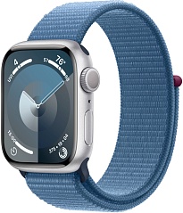 Apple Watch Series 9, 41 мм, корпус из алюминия серебристого цвета, ремешок Sport Loop цвета «ледяной синий»