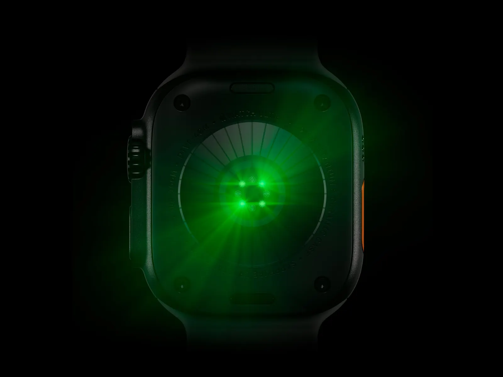 Задняя крышка Apple Watch Ultra 4 с зелёными светодиодами датчиков