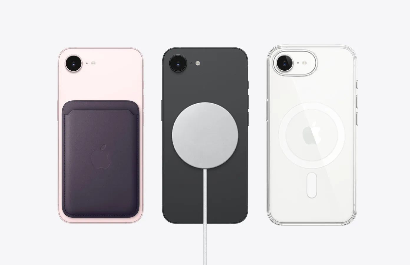 iPhone 17e с кошельком MagSafe, зарядным устройством MagSafe и прозрачным чехлом