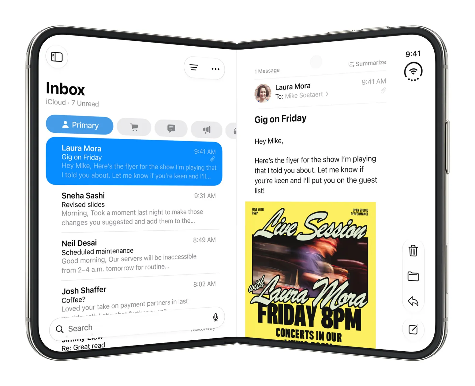 Раскрытый iPhone Duo с «Почтой» на экране