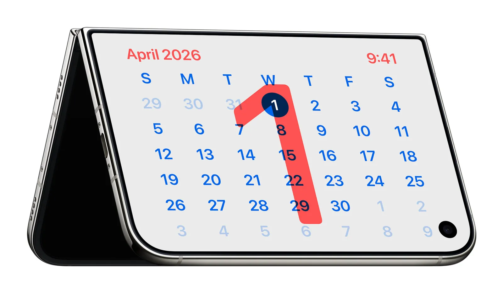 iPhone Duo стоит домиком, на экране — календарь