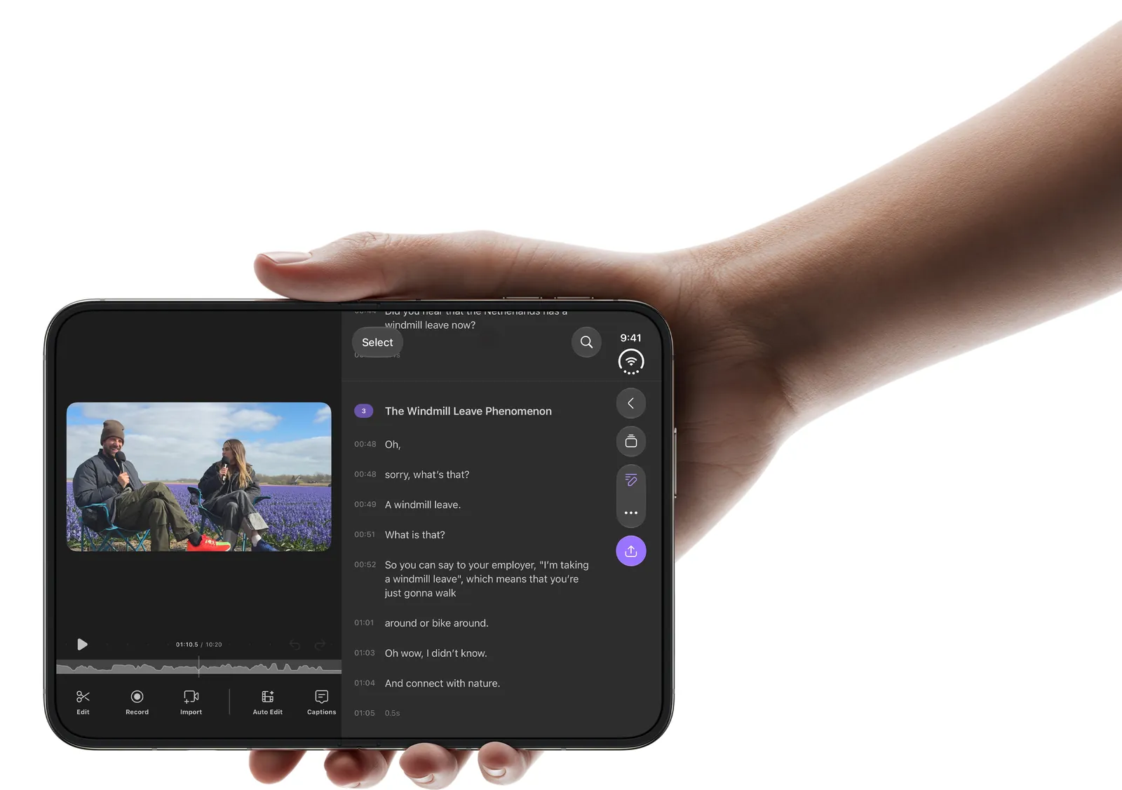 iPhone Duo в руке, на экране — видеоредактор
