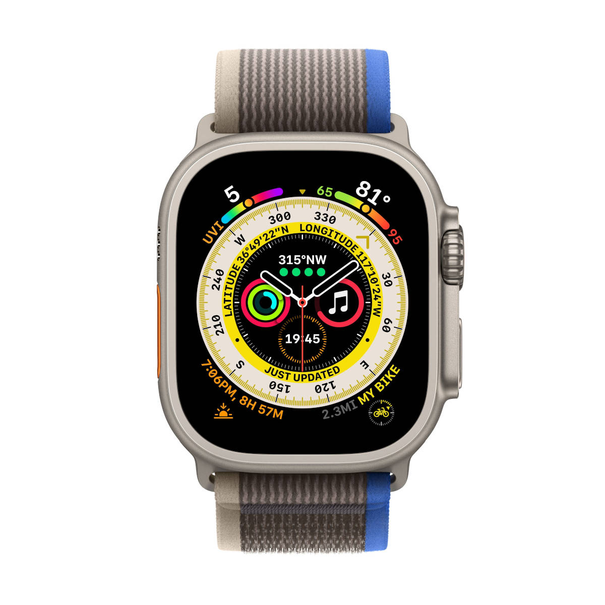 Apple Watch Ultra, 49 мм, корпус из титана, ремешок Trail синего/серого цвета
