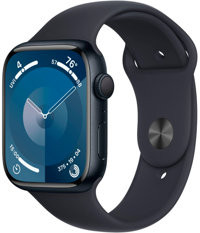 Apple Watch Series 9, 45 мм, корпус из алюминия цвета «тёмная ночь», ремешок Sport Band цвета «тёмная ночь», размер S/M