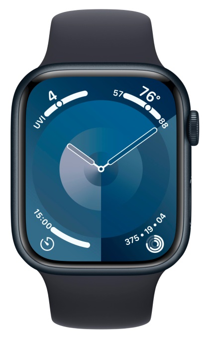Apple Watch Series 9, 45 мм, корпус из алюминия цвета «тёмная ночь», ремешок Sport Band цвета «тёмная ночь», размер S/M