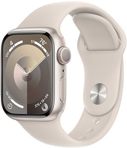 Apple Watch Series 9, 41mm, корпус из алюминия цвета «сияющая звезда», ремешок Sport Band цвета «сияющая звезда», размер S/M