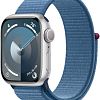 Apple Watch Series 9, 45mm, корпус из алюминия серебристого цвета, ремешок Sport Loop цвета «ледяной синий»