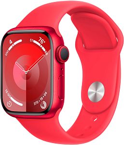 Apple Watch Series 9, 45mm, корпус из алюминия цвета (PRODUCT)RED, ремешок Sport Band цвета (PRODUCT)RED, размер S/M