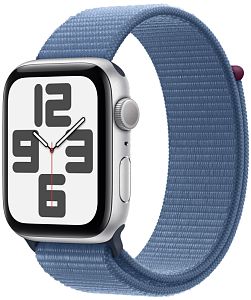 Apple Watch SE 2023, 44 мм корпус из алюминия серебристого цвета, ремешок нейлон цвета «ледяной синий»