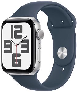 Apple Watch SE 2023, 44 мм корпус из алюминия серебристого цвета, спортивный ремешок цвета «грозовой синий» M/L