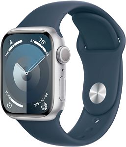 Apple Watch Series 9, 45mm, корпус из алюминия серебристого цвета, ремешок Sport Band цвета «грозовой синий», размер S/M