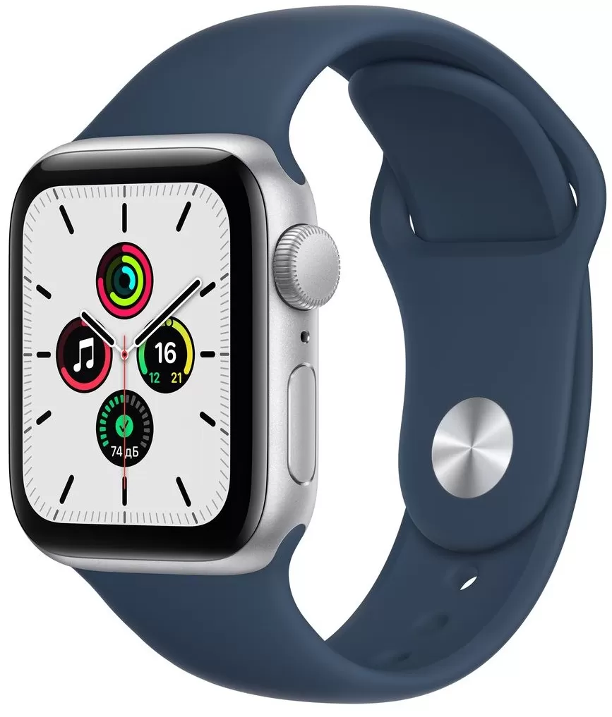 Apple Watch SE, 44 мм, корпус из алюминия серебристого цвета спортивный ремешок цвета «синий омут»